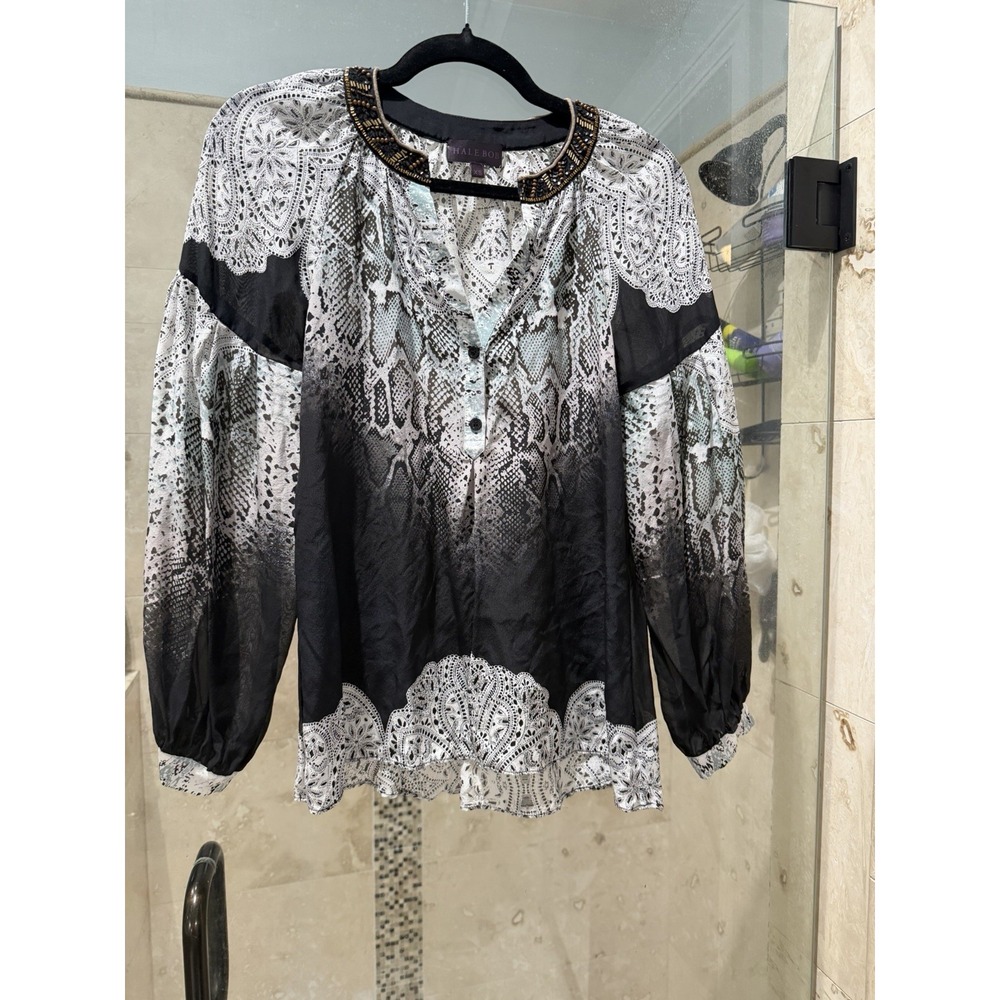 HALE BOB CABANA Pale Gray/Black Floral Paisley Crystal Beaded Silk Blouse Sz Xs